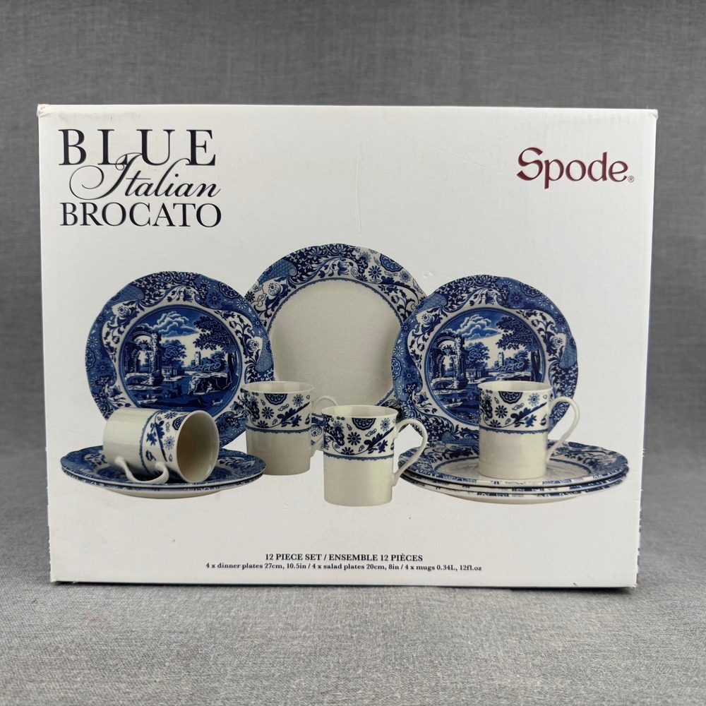 Spode Blue Italian Brocato 12 Piece Set Dinner Plates Salad Plates Mugs New